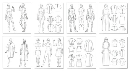 Fashion Design Technical Drawing Set with Male and Female Figure Templates and Clothing Flat Sketches
