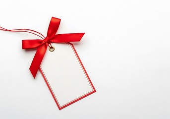 Blank Gift Tag with Elegant Red Satin Bow on White Background