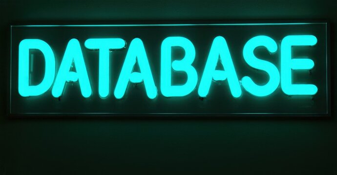 Bright neon sign displays word database. Dark background emphasizes glowing turquoise lettering. Simple, modern aesthetic.