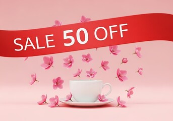 Fifty Percent Off Sale Banner Floating Over Pink Blossoms and Cup