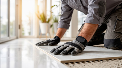 close up of a worker carefully installing large floor tiles inside a bright modern interior, showing precision, renovation work and craftsmanship