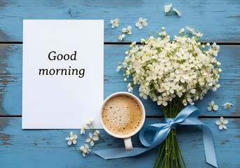 Good Morning Note with White Flowers Bouquet and Hot Coffee Drink