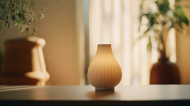 Aromatic essential oil diffuser casting a soft warm glow on a wooden table, minimalist home interior with blurred decor and sunlight creating a cozy, relaxing atmosphere