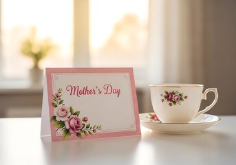 Elegant Mother's Day Card and Teacup Setup in Soft Morning Light
