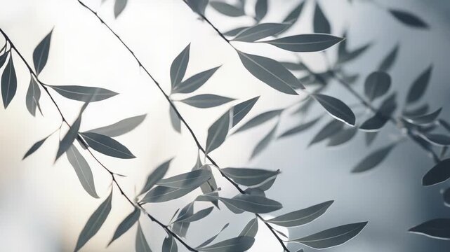 Delicate branches with elongated green leaves forming a minimalist, tranquil pattern against a soft, blurred background and warm glowing light, evoking calm, natural beauty and freshness