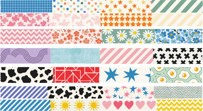 Colorful seamless pattern strip collection with stars florals hearts stripes dots and decorative backgrounds