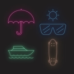 Neon Summer Icons Set Featuring Umbrella, Sunglasses, Boat And Skateboard For Vacation And Leisure Activities
