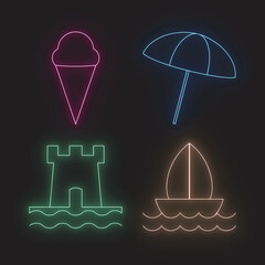 Neon Summer Icons Set Featuring Ice Cream, Beach Umbrella, Sandcastle And Sailboat Illustration