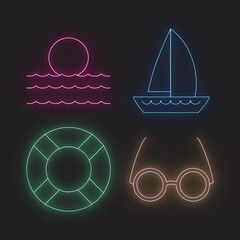 Neon Summer Icons Set Featuring Sailboat, Lifesaver, Sun, And Sunglasses For Vacation Designs