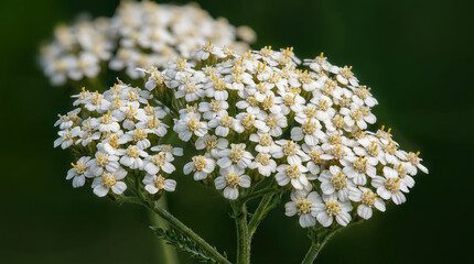 Achillea millefolium (yarrow) medicinal herb with white flower clusters. Botanical photography of healing wildflower for herbal medicine, flower essences and natural remedies. High-quality detail.
