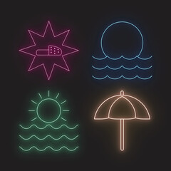 Neon Summer Icons Set Featuring Sun, Beach, Waves And Parasol, Glowing Vector Illustration For Vacation And Tourism Design