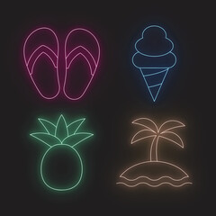Vibrant Neon Summer Icons Collection Featuring Tropical Vacation Elements, Refreshing Ice Cream Graphics, and Beach Holiday Symbols