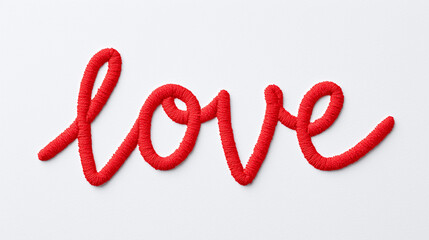 Fototapeta premium Red embroidered word “love” isolated on a white background for Valentine’s Day.