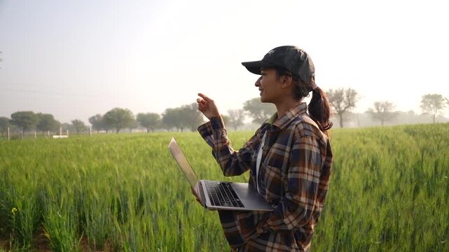 Young woman using laptop on agricultural field. Business lady pointing her finger and looking at notebook screen. Modern female farmer wearing cap and inspecting the wheat green field crop.