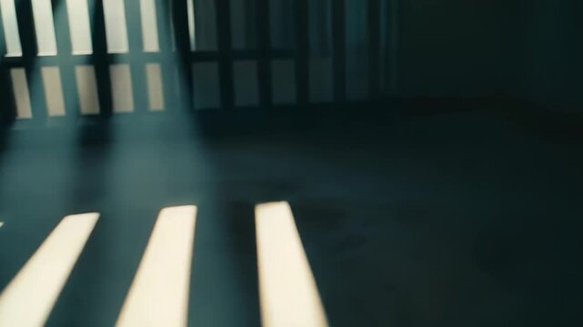 Sunlight beams projecting strong parallel shadows across a dark, textured concrete floor, creating a sense of confinement, hope, or escape in an empty, minimalist space
