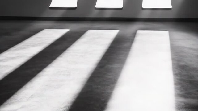 Sunlight beams creating strong parallel shadows across a light colored concrete or stone floor, illustrating concepts of hope, minimalism, progress, and finding a path forward