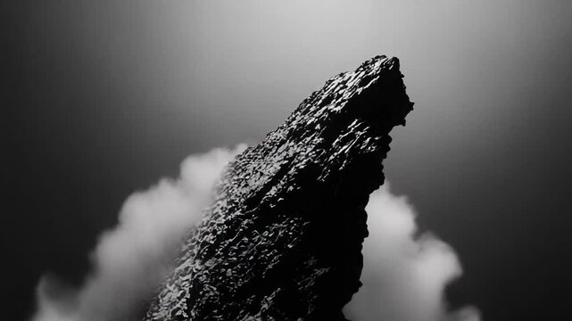 Imposing textured rock formation piercing through swirling mist in a dramatic black and white monochrome landscape, symbolizing challenge, ascent, and solitude
