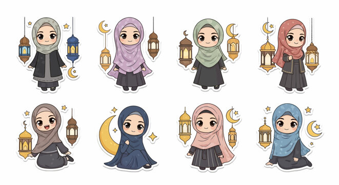 Cute chibi Muslim girls in hijabs with Islamic lanterns and crescent moons, cartoon illustration set.