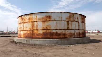 Obraz premium An aged heavily rusted cylindrical industrial storage tank stands on a concrete base under a cloudy sky