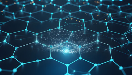 Obraz premium Glowing blue network connections with hexagonal nodes and sparkling particles