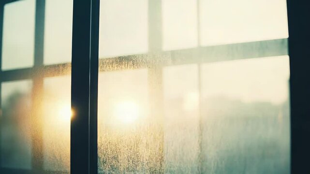 Warm sunlight filtering through a dusty textured window glass, creating soft bokeh, muted gradients and a tranquil, atmospheric indoor view with subtle reflections and warmth