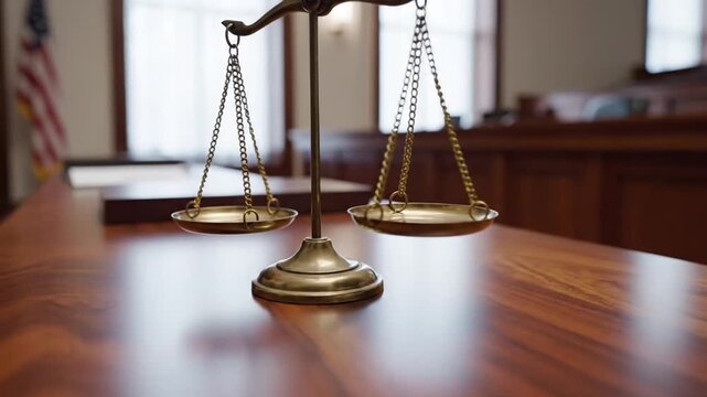 Empty courtroom with a desk and balanced scales symbolizing justice and fairness in legal proceedings