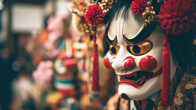 Celebration of Setsubun with traditional ceremonial mask and decorations during festive activities, portrait, close up, blurred background