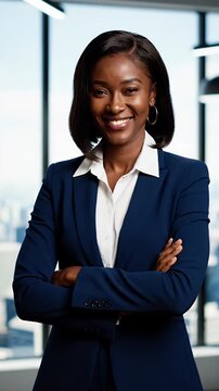Confident businesswoman in formal suit pointing upwards on gray background