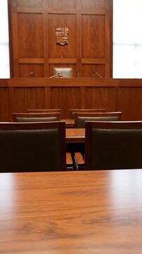 Empty courtroom with wooden paneling and seating arrangement capturing judicial environment