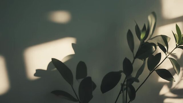 Green plant leaves are illuminated by morning sunlight, creating beautiful shadows of the plant and window frame on a neutral colored interior wall, conveying a tranquil and natural atmosphere