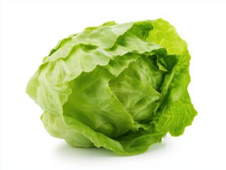 Single fresh green lettuce head isolated on white background for healthy salad design