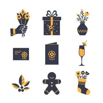 A modern duotone graphic illustration set featuring seven festive icons present, bouquet, stocking in a minimalist geometric style, colored with dark slate and warm yellow