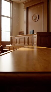 Elegant Courtroom Interior with Wooden Fixtures and Natural Light Flowing Through Large Windows in a Historic Legal Setting