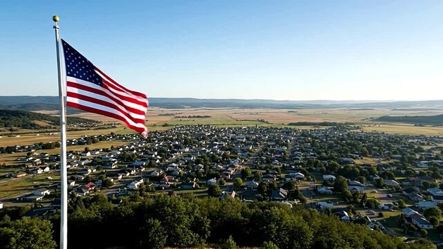 American Flag Waving atop hill overlooking small town residential neighborhood in scenic valley.