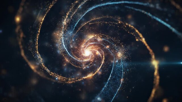 Dynamic Spiral Vortex of Golden and Blue Glowing Particles