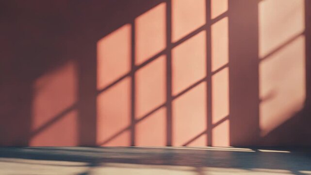 Room interior with textured wall and floor bathed in warm sunlight, casting abstract grid shadows and minimalist geometric patterns for a calm, modern architectural scene