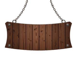 Wooden signboard hanging on chain isolated on transparent background