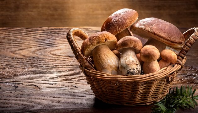 Basket Full Of Fresh Boletus Edulis Mushrooms On Rustic Wood Grain Table Top Still Life Macro Focus