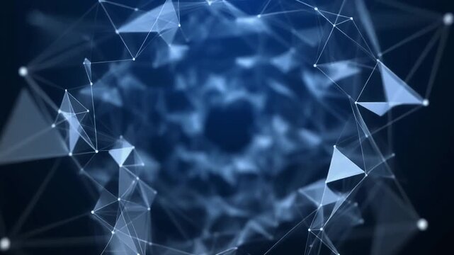 Abstract digital mesh of glowing nodes and geometric data flow on dark tech background