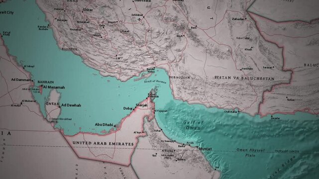 Map animation of maritime routes near the Strait of Hormuz and the Arabian Gulf region