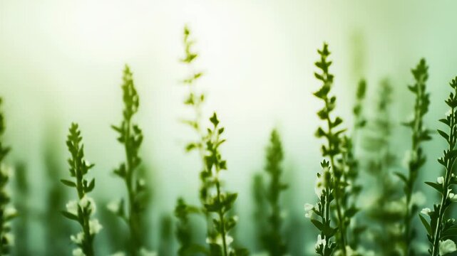 Slender green stalks with tiny white buds rise in soft, ethereal light, forming a delicate, tranquil botanical background evoking fresh growth, serenity, and gentle springtime renewal