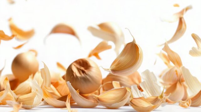 Video A collection of garlic cloves arranged on a white surface, ideal for food or kitchen-themed projects