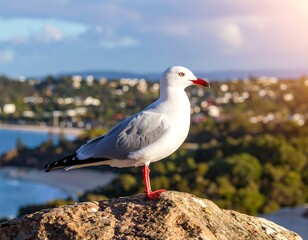 Fototapeta premium A single seagull stands atop a rock formation, overlooking a coastal landscape with a blurred town. The sunlight casts a warm glow