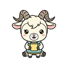Fototapeta premium Cute cartoon goat character with horns holding a book and wearing a blue and beige outfit