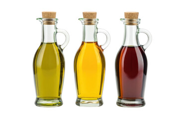 Three glass bottles of oil and vinegar isolated on transparent background