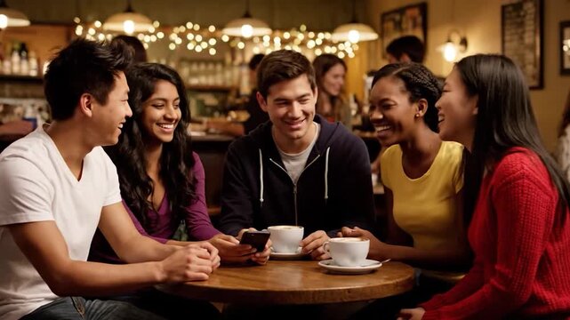 A diverse group of friends laugh and chat while looking at a phone over coffee in a cafe