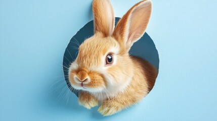 Obraz premium Cute Rabbit Peeking Through Hole in Blue Wall Background