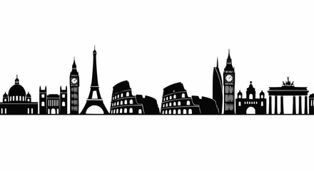 Fototapeta premium Silhouettes of famous landmarks from global cities in minimalist black