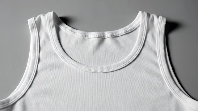 Cinematic overhead perspective view of the pristine white tank top lying perfectly flat on an isolated monochrome studio surface template commercial, texture, fashion