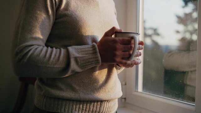 Person by window holding mug, sweater and hand in morning light, cozy indoor pause with warm drink comfort, quiet home moment in sunlight